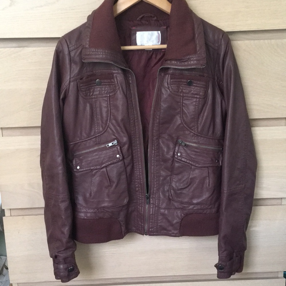 Maroon aviator style faux leather jacket